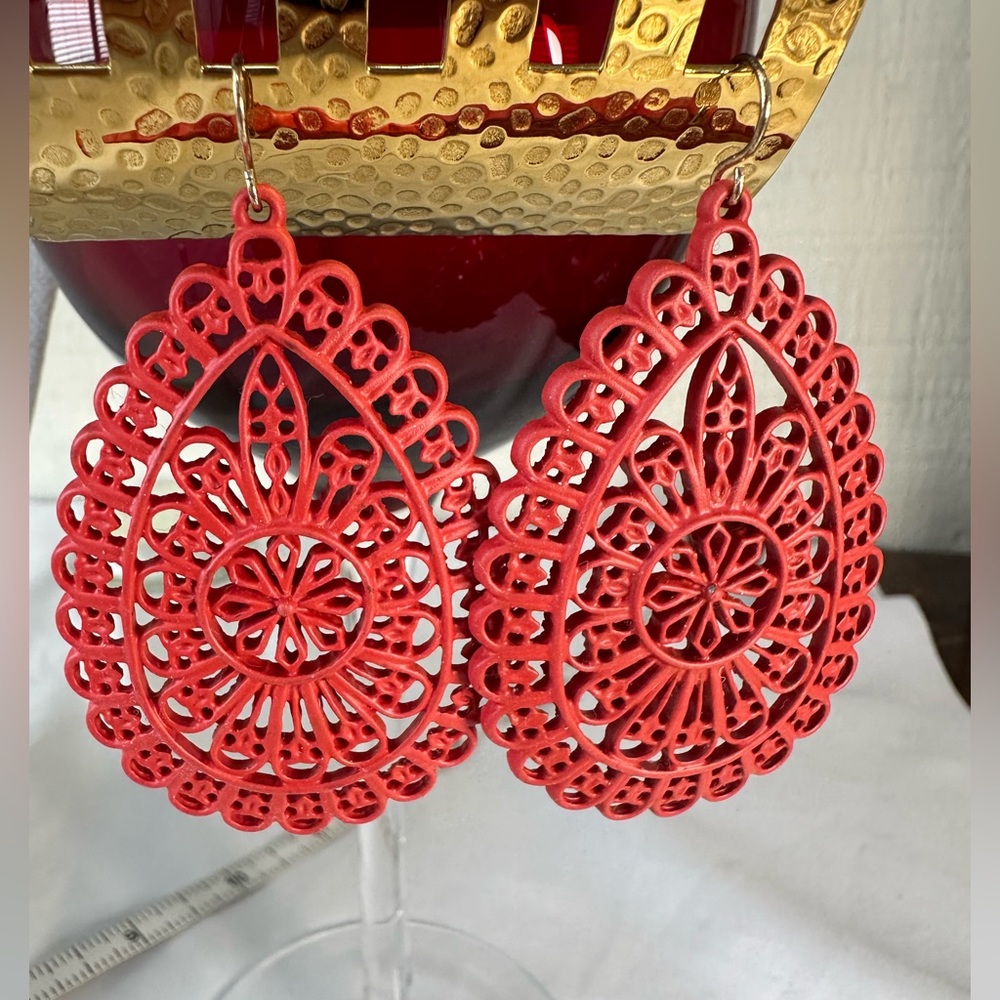 Ethnic filigree style red drop earrings